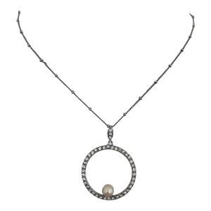 Vintage 1980s Monet Crystal Circle Pendant Necklace Pearl Accent - 7D